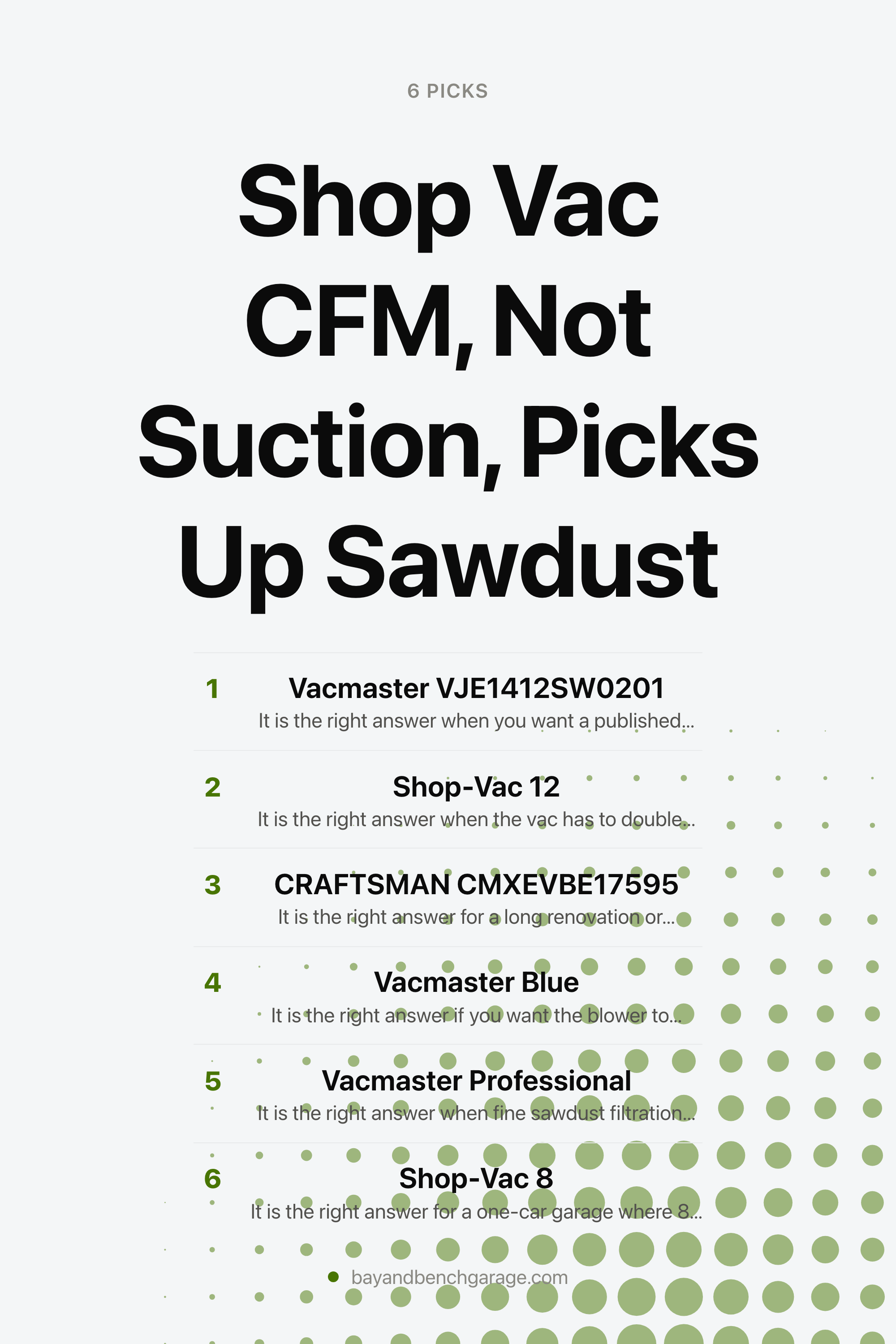 Shop Vac CFM, Not Suction, Picks Up Sawdust — the picks, as a saveable list